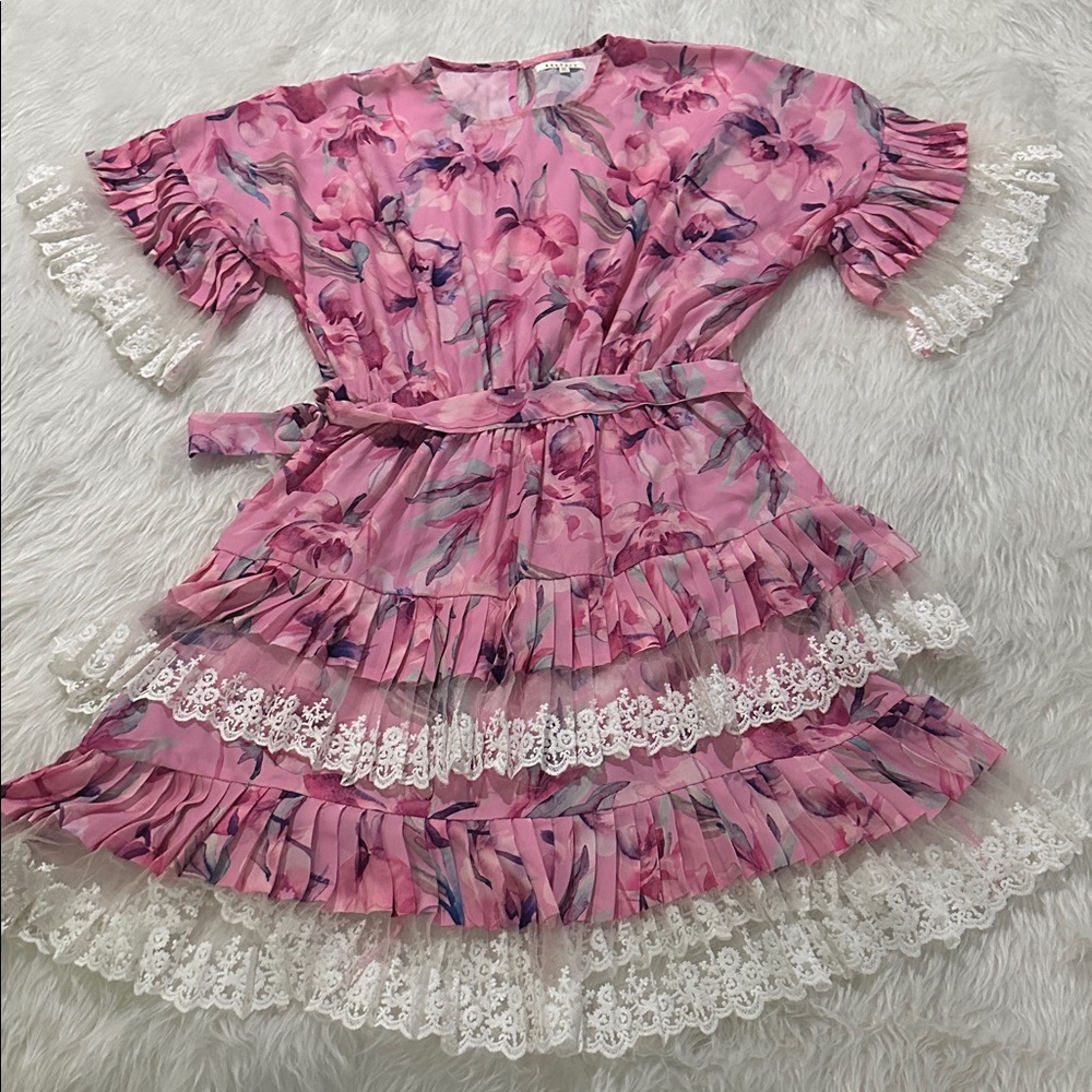 BaeVely pink floral Lace Ruffle pleated Dress size medium